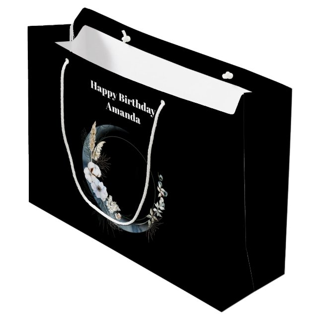 Blue Crescent Moon with White Flowers Birthday Large Gift Bag (Front Angled)