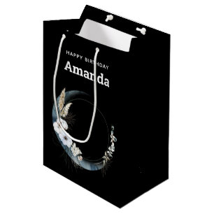 Blue Crescent Moon with White Flowers Birthday Medium Gift Bag