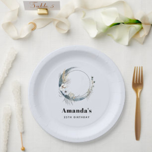 Blue Crescent Moon with White Flowers Birthday Paper Plate
