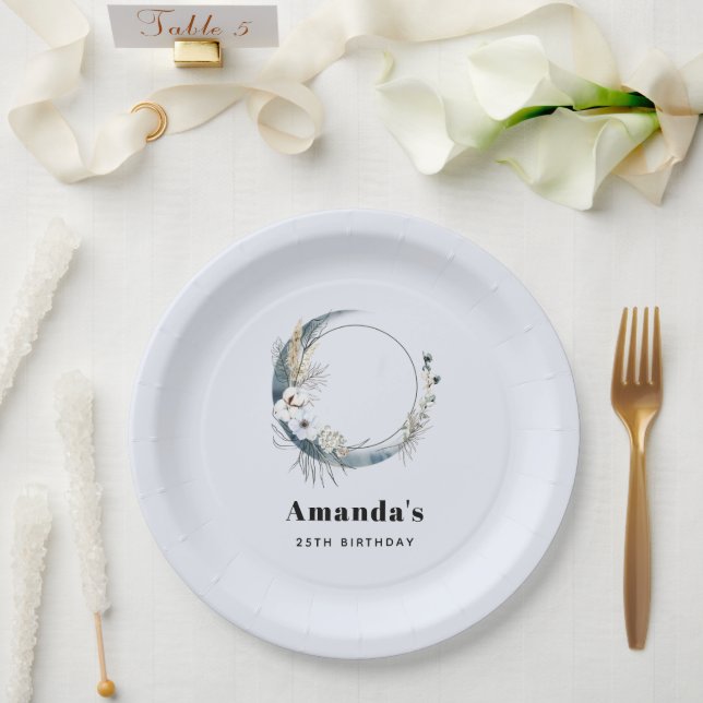 Blue Crescent Moon with White Flowers Birthday Paper Plate (Wedding)