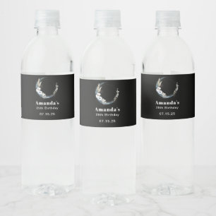 Blue Crescent Moon with White Flowers - Birthday Water Bottle Label