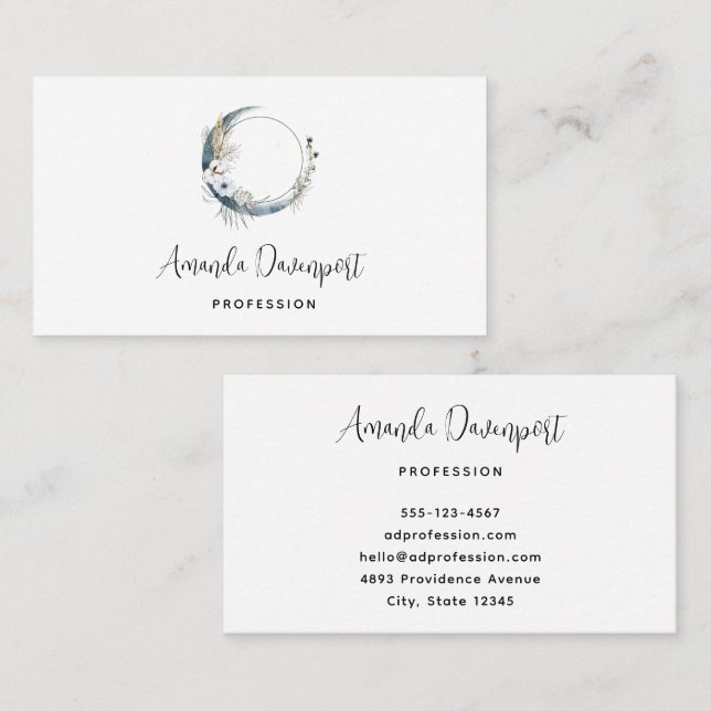 Blue Crescent Moon with White Flowers Business Card (Front/Back)