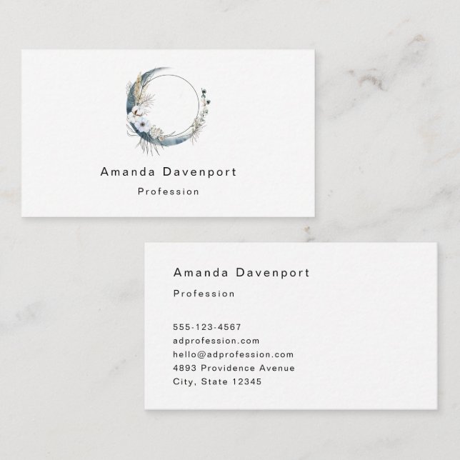 Blue Crescent Moon with White Flowers Business Card (Front/Back)