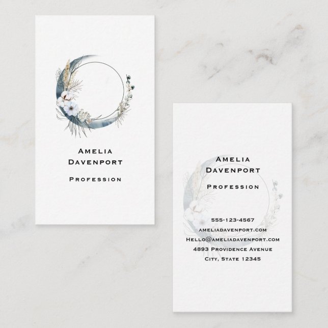 Blue Crescent Moon with White Flowers Business Card (Front/Back)