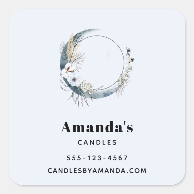 Blue Crescent Moon with White Flowers Business Square Sticker (Front)