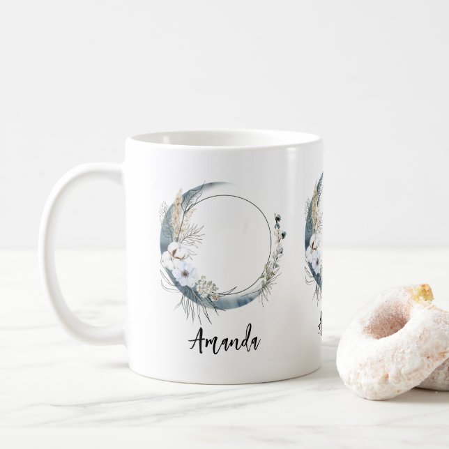 Blue Crescent Moon with White Flowers Coffee Mug (With Donut)