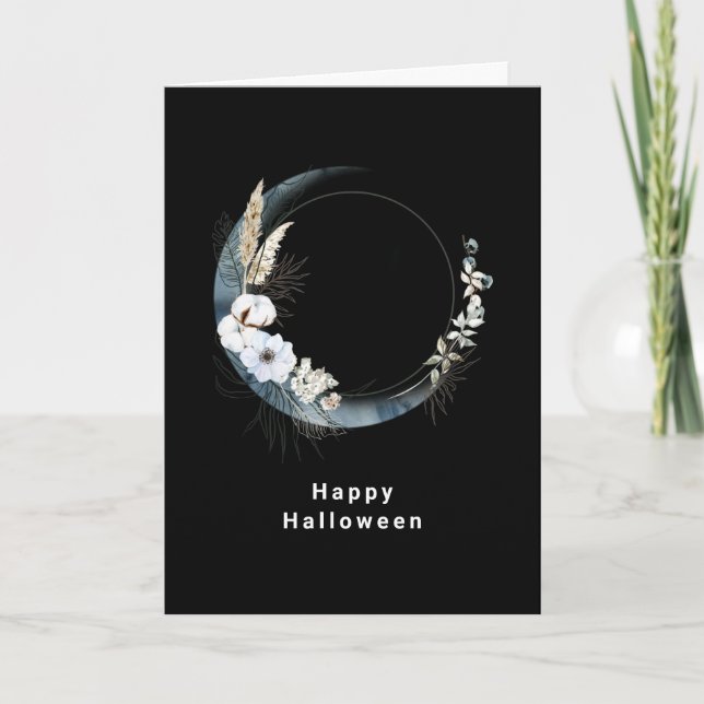 Blue Crescent Moon with White Flowers Halloween Holiday Card (Front)