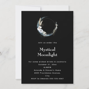 Blue Crescent Moon with White Flowers Halloween Invitation