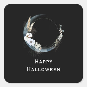 Blue Crescent Moon with White Flowers Halloween Square Sticker