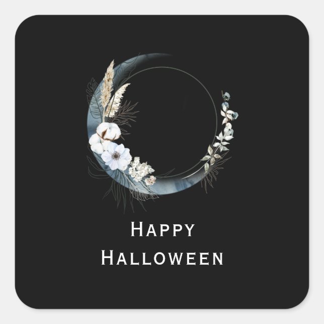 Blue Crescent Moon with White Flowers Halloween Square Sticker (Front)