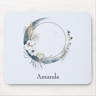 Blue Crescent Moon with White Flowers Mouse Mat