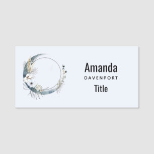 Blue Crescent Moon with White Flowers Name Tag