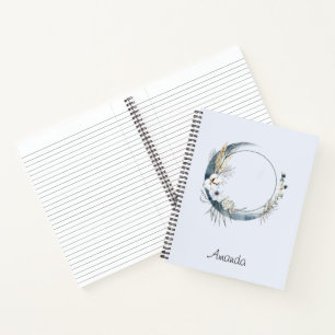 Blue Crescent Moon with White Flowers Notebook