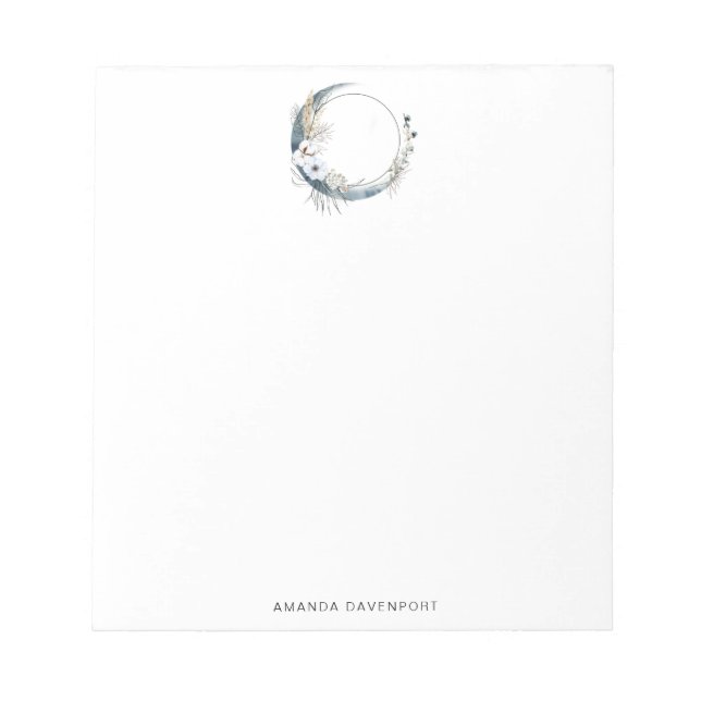Blue Crescent Moon with White Flowers Notepad (Front)