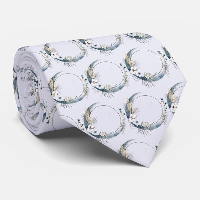Blue Crescent Moon with White Flowers Pattern Tie (Rolled)