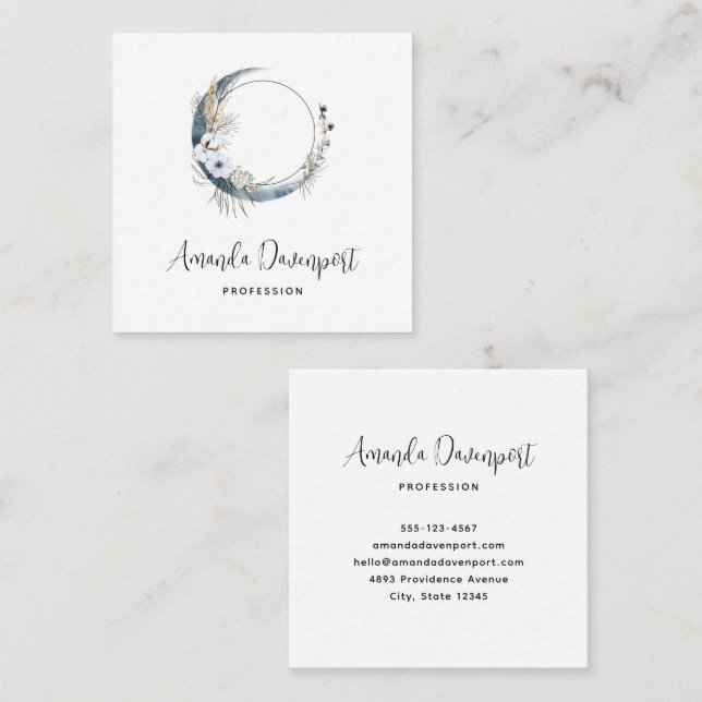 Blue Crescent Moon with White Flowers Square Business Card (Front/Back)