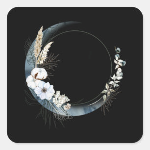 Blue Crescent Moon with White Flowers Square Sticker
