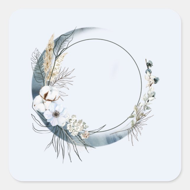 Blue Crescent Moon with White Flowers Square Sticker (Front)