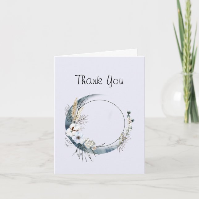 Blue Crescent Moon with White Flowers Thank You Card (Front)