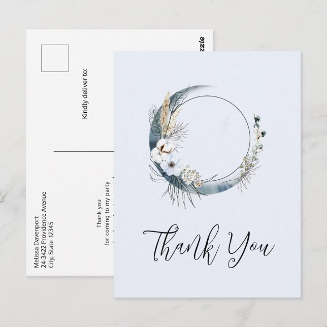Blue Crescent Moon with White Flowers Thank You Postcard (Front/Back)