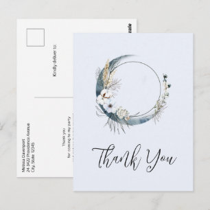 Blue Crescent Moon with White Flowers Thank You Postcard