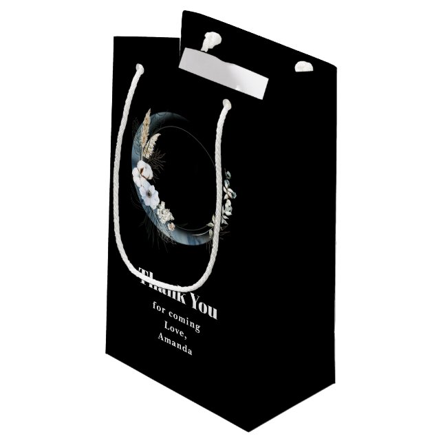 Blue Crescent Moon with White Flowers Thank You Small Gift Bag (Back Angled)