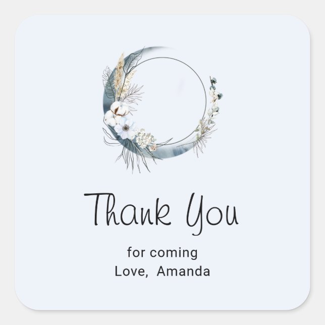 Blue Crescent Moon with White Flowers Thank You Square Sticker (Front)
