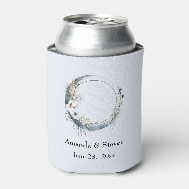 Blue Crescent Moon with White Flowers Wedding Can Cooler (Can Front)
