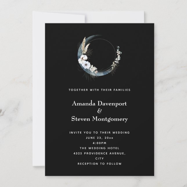 Blue Crescent Moon with White Flowers Wedding Invitation (Front)