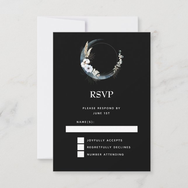 Blue Crescent Moon with White Flowers Wedding RSVP Card (Front)