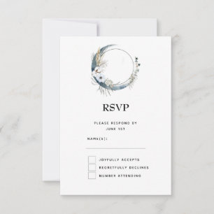 Blue Crescent Moon with White Flowers Wedding RSVP Card