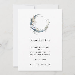 Blue Crescent Moon with White Flowers Wedding Save The Date