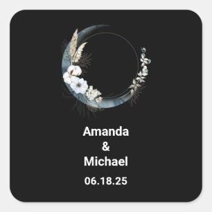 Blue Crescent Moon with White Flowers Wedding Square Sticker