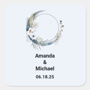 Blue Crescent Moon with White Flowers Wedding Square Sticker