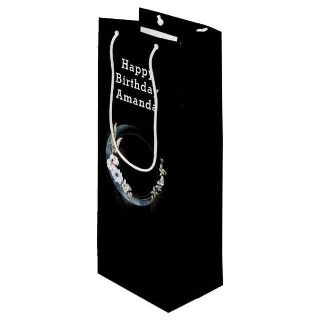 Blue Crescent Moon with White Flowers Wine Gift Bag (Front Angled)