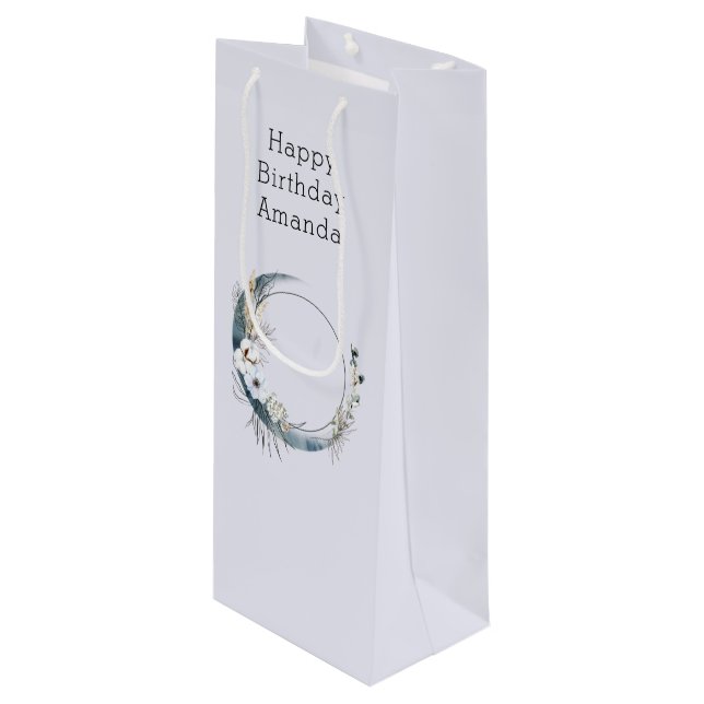 Blue Crescent Moon with White Flowers Wine Gift Bag (Front Angled)
