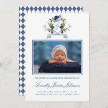 Blue Crest Baby Boy Photo Birth Announcement Card