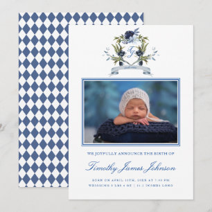 Blue Crest Baby Boy Photo Birth Announcement Card