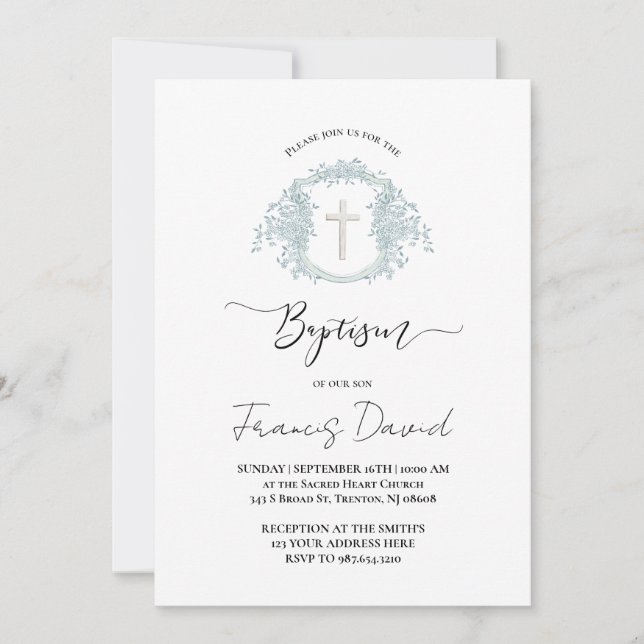 blue crest black script Baptism Invitation (Front)