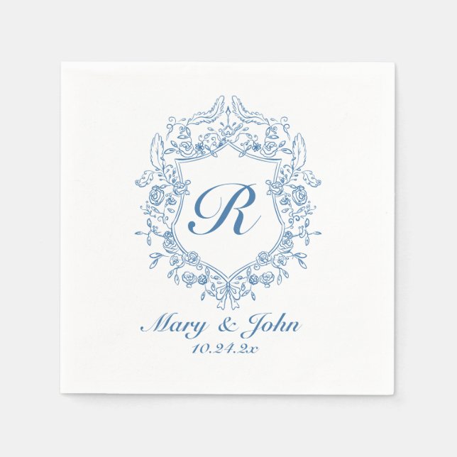 Blue Crest Custom Wedding Cocktail Napkins (Front)