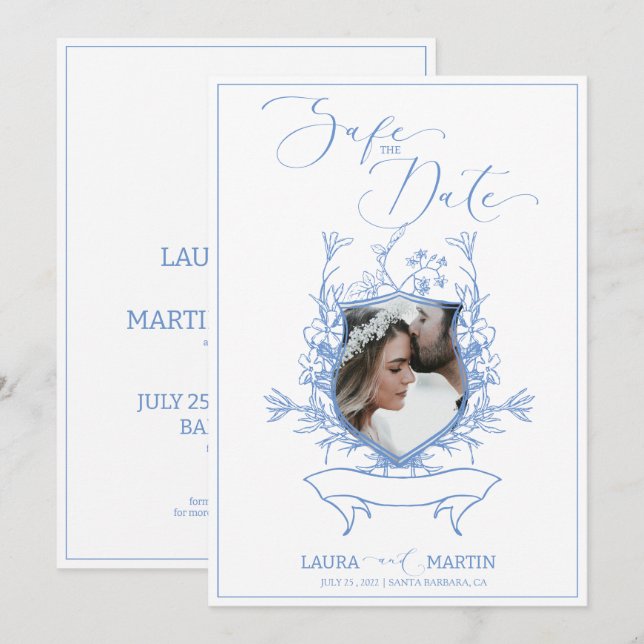 Blue crest floral Photo Elegant Frame Invitation (Front/Back)