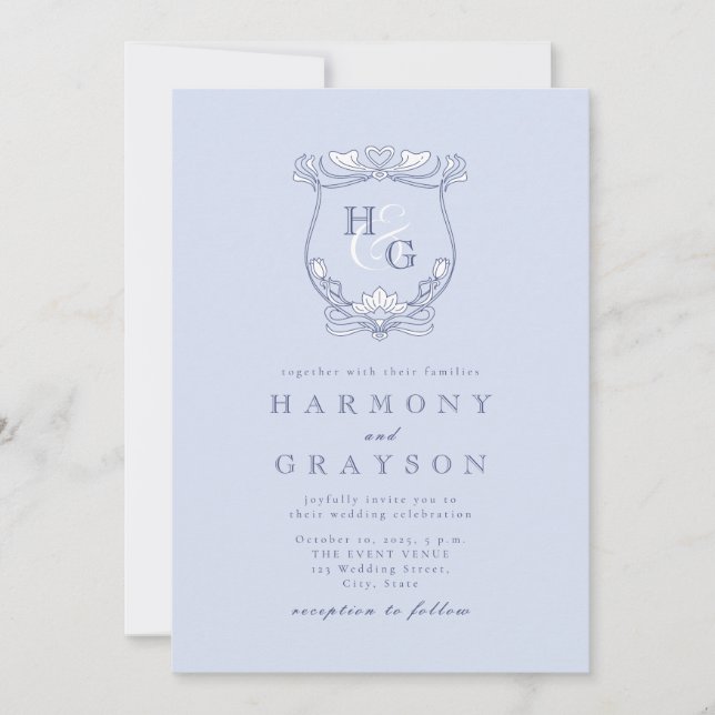 Blue Crest Monogram Wedding Invitation (Front)