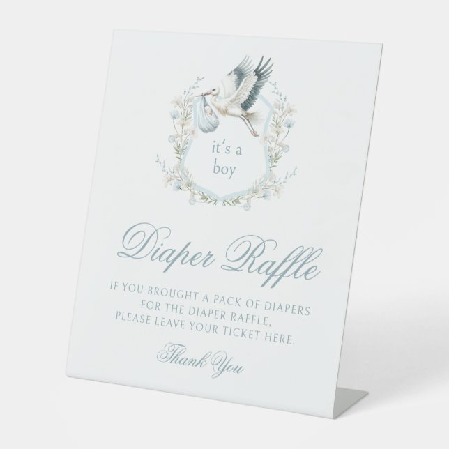 Blue Crest Stork Boho Baby Shower Diaper Raffle Pedestal Sign (Front)