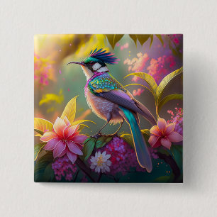 Blue Crested Rainbow Winged Sunbird Fantasy Bird 15 Cm Square Badge