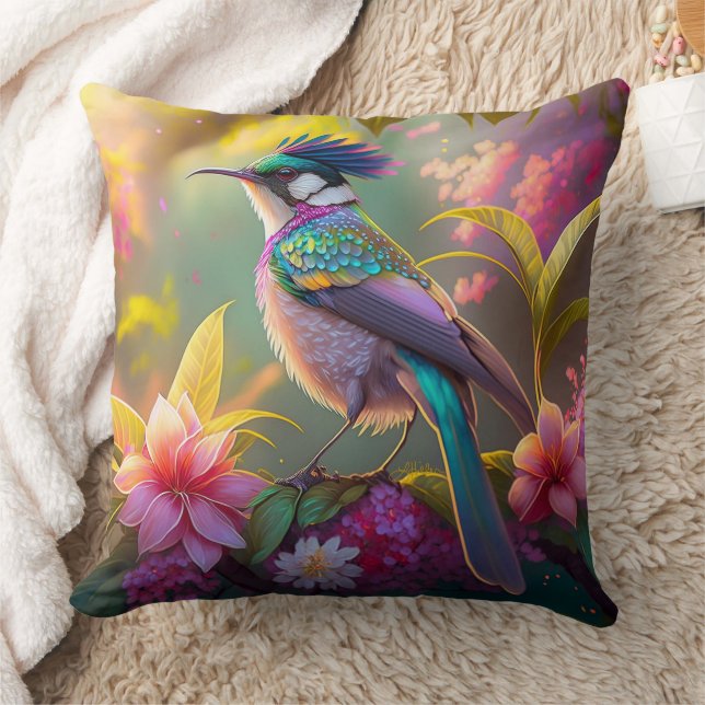 Blue Crested Rainbow Winged Sunbird Fantasy Bird Cushion (Blanket)
