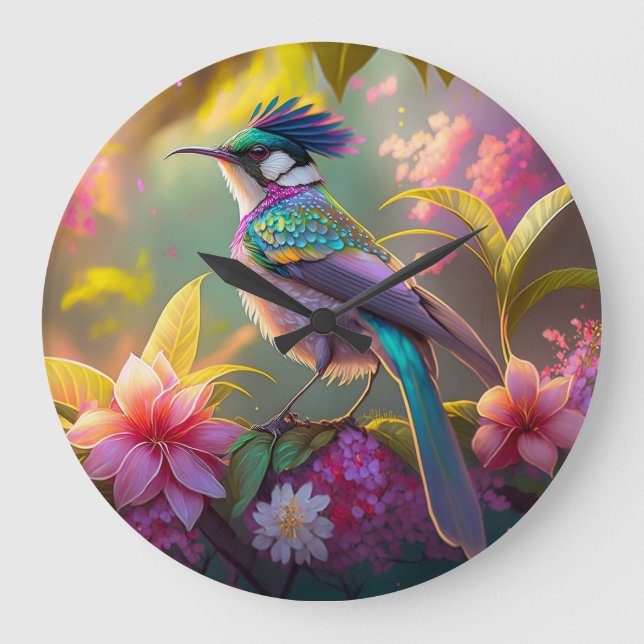 Blue Crested Rainbow Winged Sunbird Fantasy Bird Large Clock (Front)