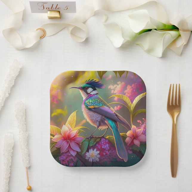 Blue Crested Rainbow Winged Sunbird Fantasy Bird Paper Plate (Wedding)