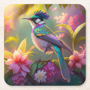 Blue Crested Rainbow Winged Sunbird Fantasy Bird Square Paper Coaster