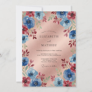 Blue Crimson Floral Romantic Wedding Invitation