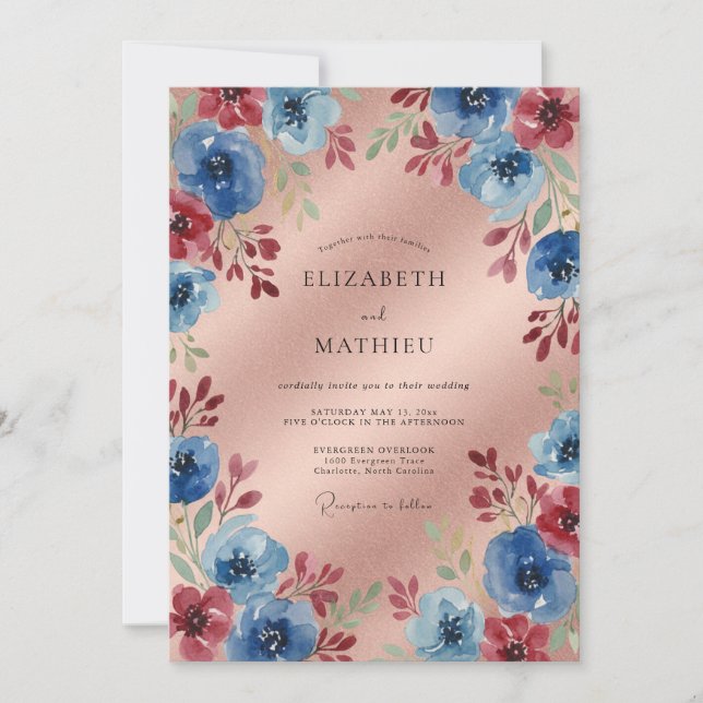 Blue Crimson Floral Romantic Wedding Invitation (Front)